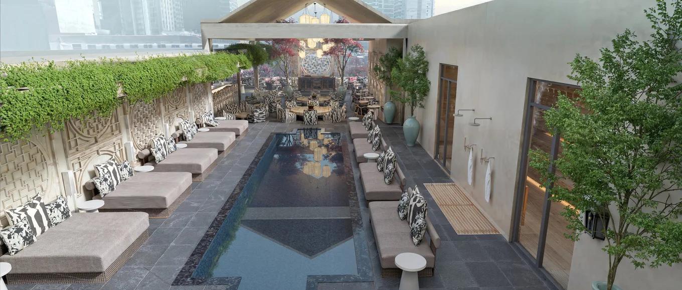 Render of a tiled plunge terrace lined with stone loungers against a living green wall and city skyline