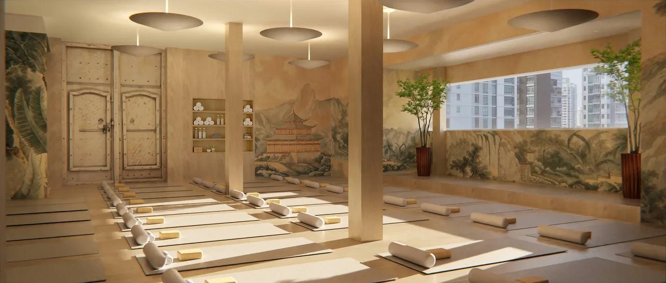 Render of a treatment hall with paired arched doors, oval ceiling lights and a painted landscape mural along one wall